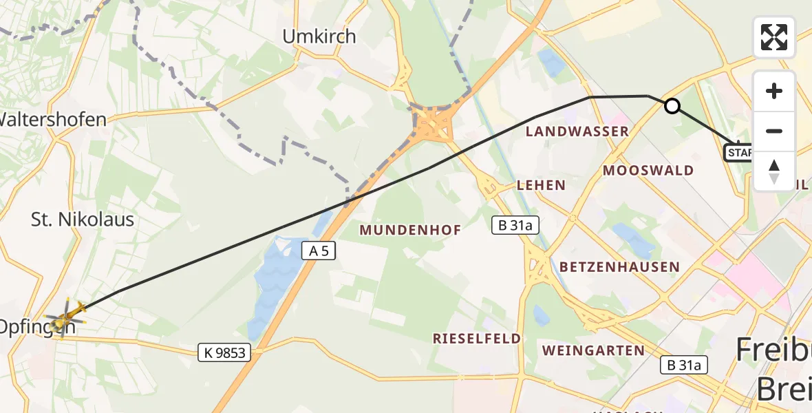 Flugroute Ambulanzhubschrauber Freiburg im Breisgau Flugplatz - Freiburg im Breisgau, 23 Oktober 2026, 13:01