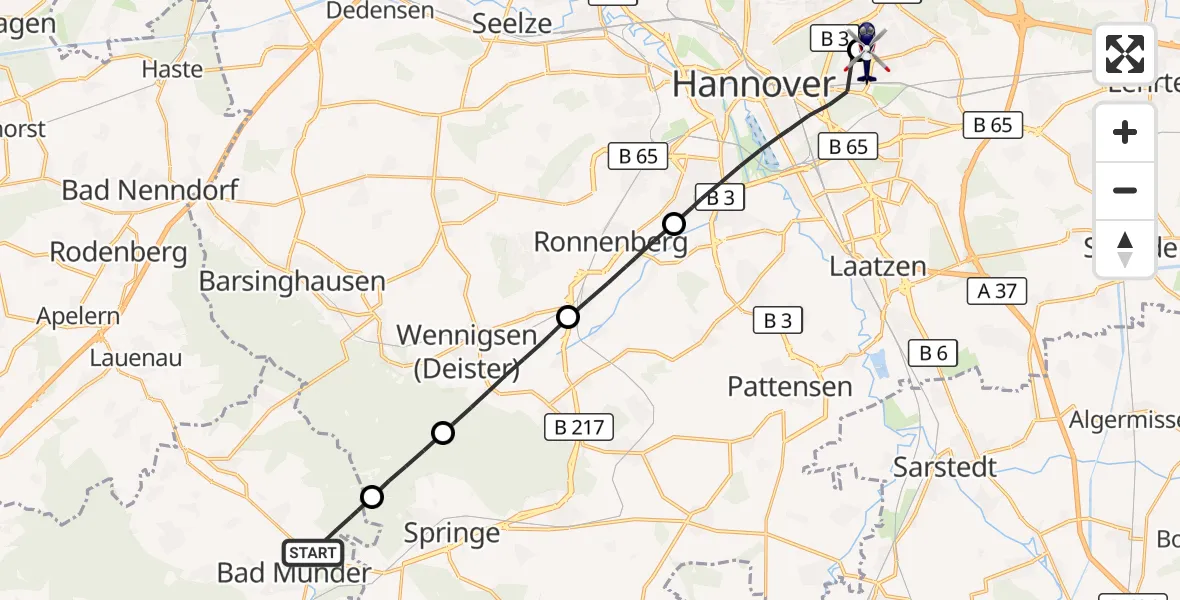 Flugroute Polizeihubschrauber Bad Münder am Deister - Hannover Luftrettung Hubschrauberlandeplatz (Christoph 4), 23 Oktober 2026, 13:07