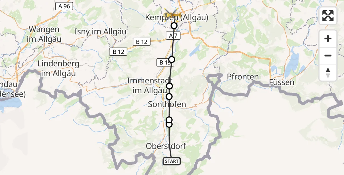 Flugroute Rettungshubschrauber Oberstdorf - Kempten (Allgäu), 23 Oktober 2026, 13:08