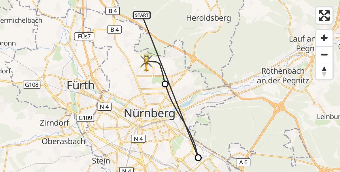 Flugroute Rettungshubschrauber Neunhofer Forst - Flughafen Nuremberg, 23 Oktober 2026, 13:10