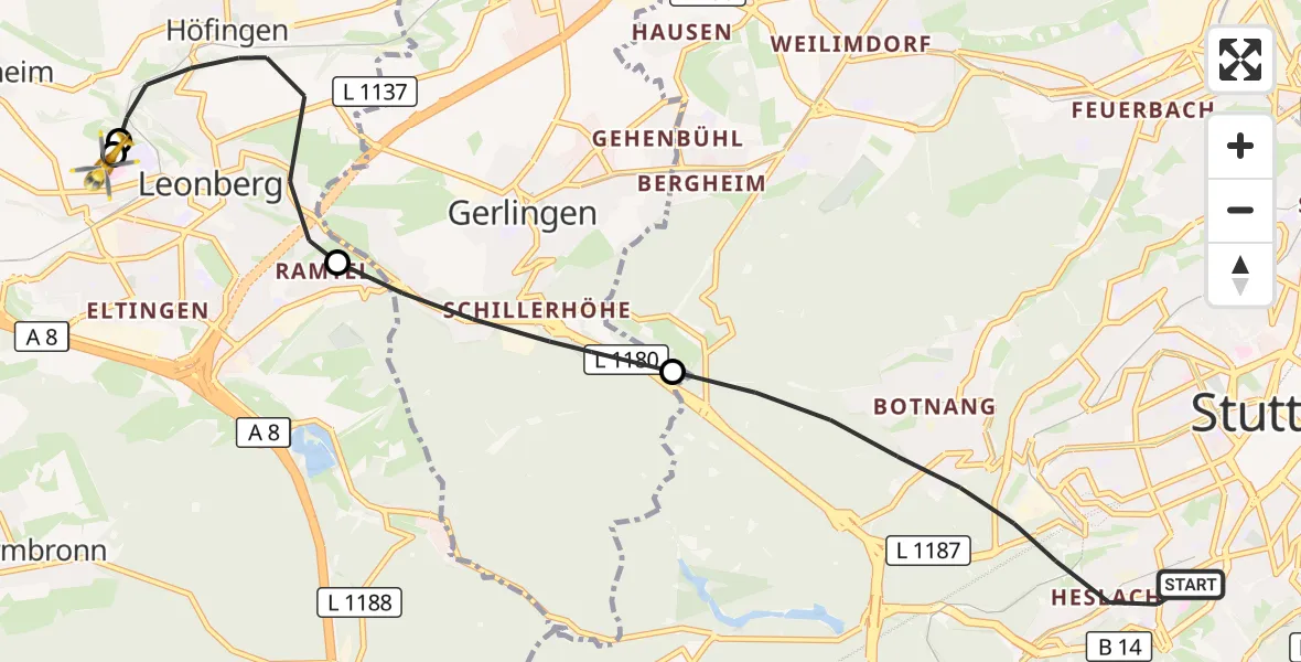 Flugroute Rettungshubschrauber Stuttgart - Leonberg Hospital, 23 Oktober 2026, 13:21