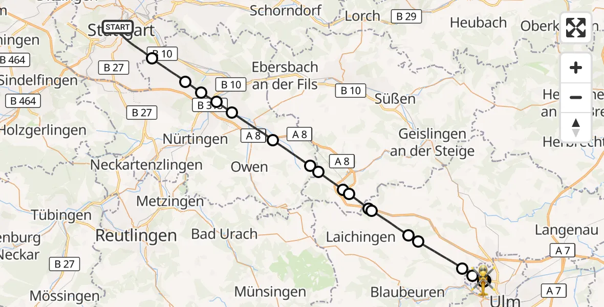 Flugroute Rettungshubschrauber Stuttgart - ADAC Air Rescue Station Ulm (Christoph 22), 23 Oktober 2026, 13:22