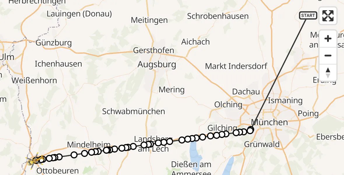 Flugroute Rettungshubschrauber Rudelzhausen - Memmingen Hospital, 23 Oktober 2026, 13:30