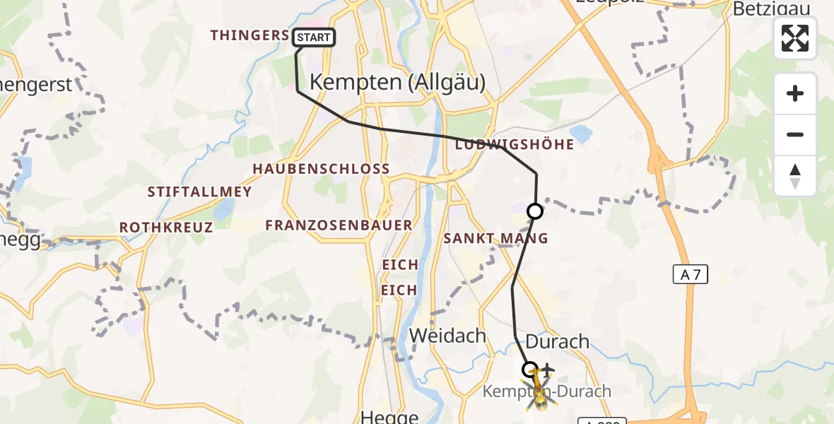 Flugroute Rettungshubschrauber Kempten (Allgäu) - Kempten-Durach Flugplatz, 23 Oktober 2026, 13:35
