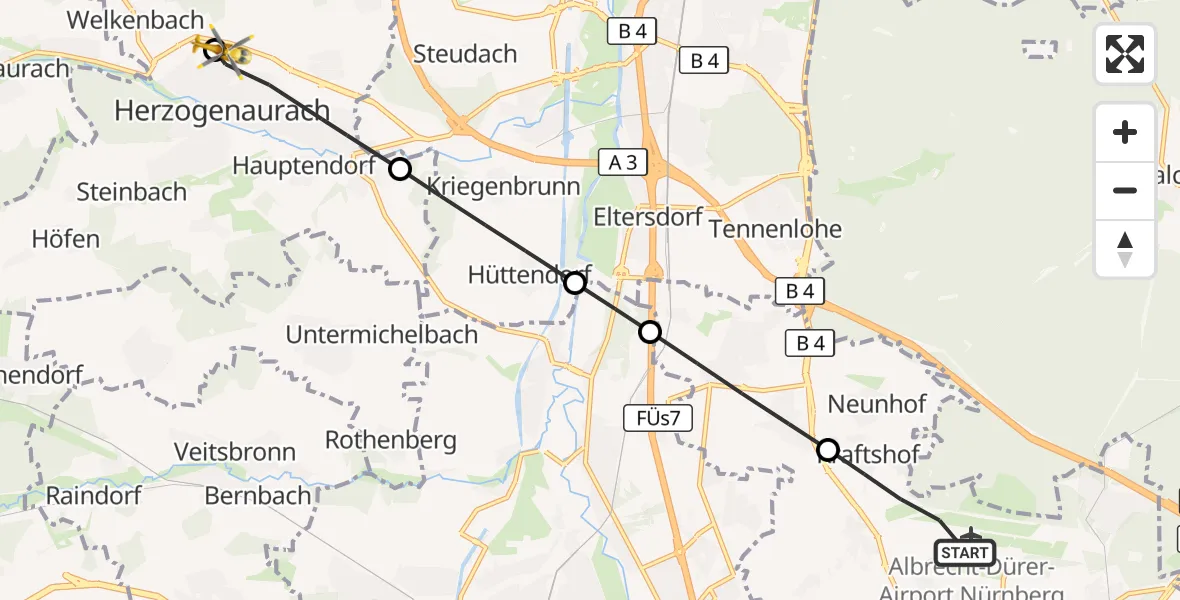 Flugroute Ambulanzhubschrauber Flughafen Nuremberg - Herzogenaurach Flugplatz, 23 Oktober 2026, 13:42