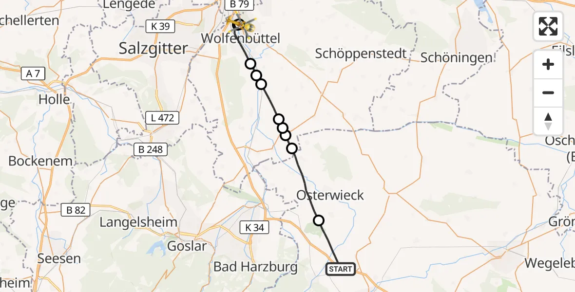 Flugroute Rettungshubschrauber Nordharz - Wolfenbüttel Municipal Hospital Heliport (Christoph 30), 23 Oktober 2026, 13:55