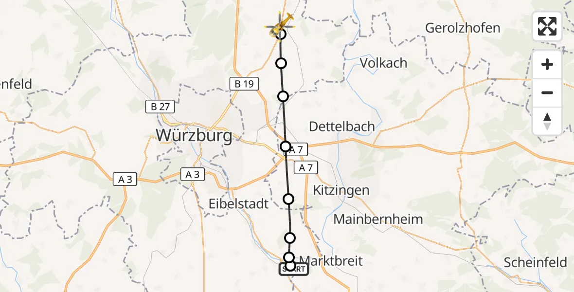 Flugroute Rettungshubschrauber Ochsenfurt Hospital - Bergtheim, 23 Oktober 2026, 13:58