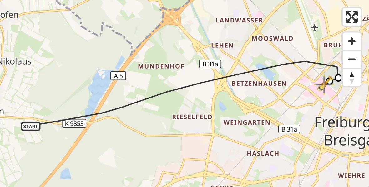 Flugroute Ambulanzhubschrauber Freiburg im Breisgau - Freiburg University Hospital Heliport 1, 23 Oktober 2026, 14:05
