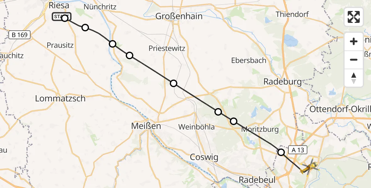 Flugroute Rettungshubschrauber Riesa Hospital - Dresden, 23 Oktober 2026, 14:27