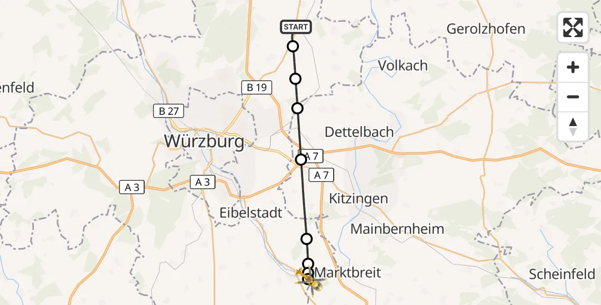 Flugroute Rettungshubschrauber Bergtheim - Ochsenfurt Hospital, 23 Oktober 2026, 14:32