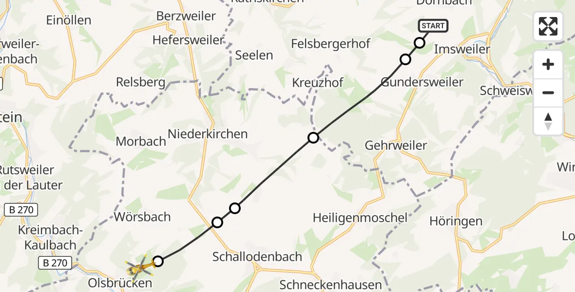 Flugroute Rettungshubschrauber Rockenhausen - Olsbrücken, 23 Oktober 2026, 14:33
