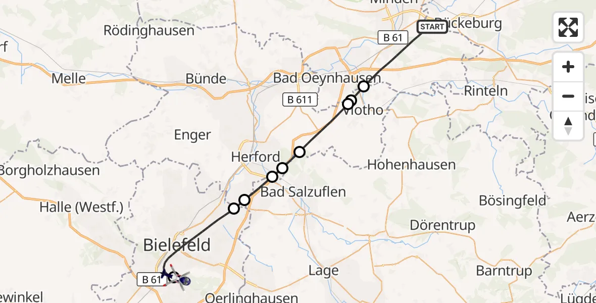 Flugroute Polizeihubschrauber Porta Westfalica - Luftrettungszentrum Bielefeld, 23 Oktober 2026, 14:35