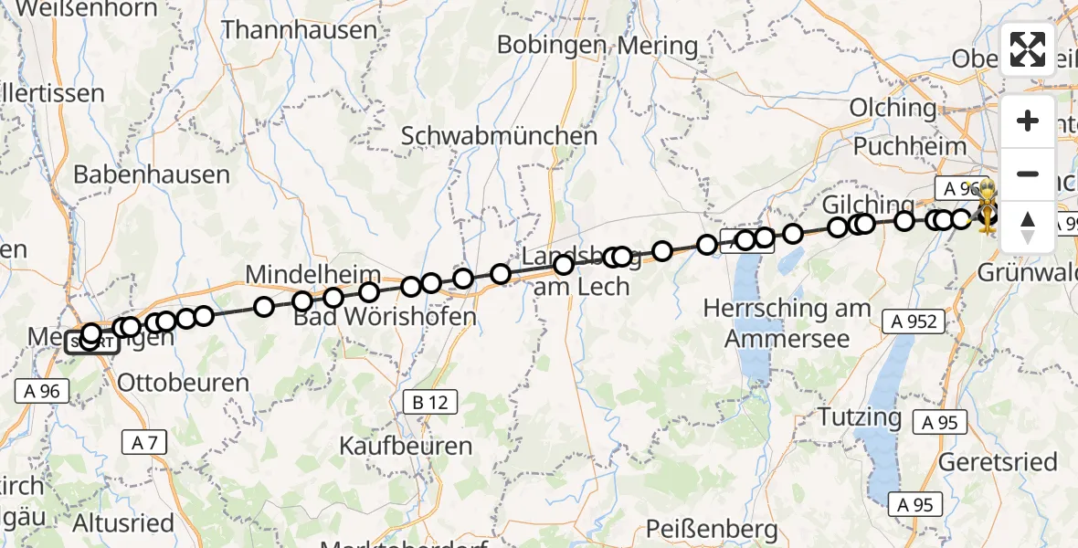 Flugroute Rettungshubschrauber Memmingen Hospital - DRF Air Rescue München Hubschrauberlandeplatz, 23 Oktober 2026, 14:40