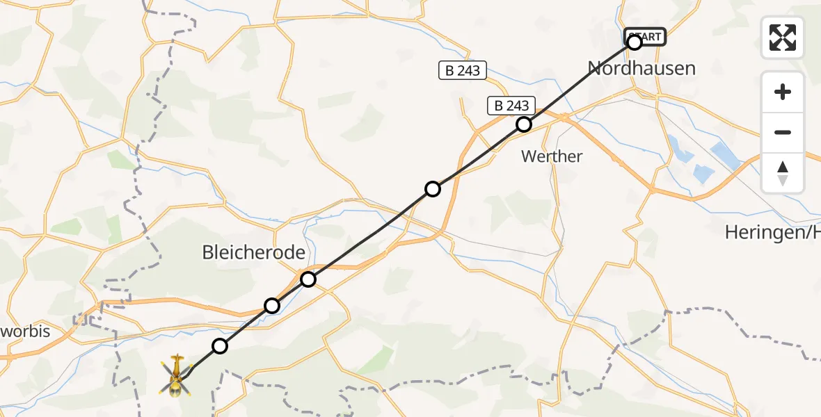 Flugroute Rettungshubschrauber Südharz Hospital Nordhausen - Sollstedt, 23 Oktober 2026, 14:49