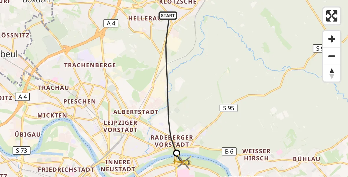 Flugroute Rettungshubschrauber Dresden - Dresden Elbwiesen Hubschrauberlandeplatz, 23 Oktober 2026, 14:54