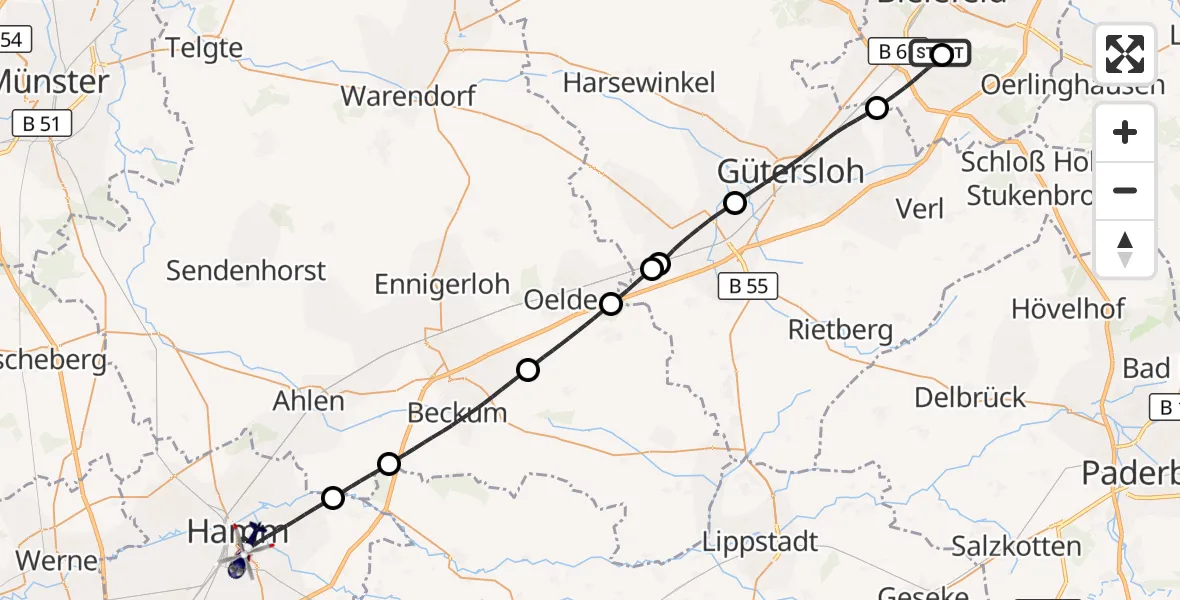 Flugroute Polizeihubschrauber Luftrettungszentrum Bielefeld - Hamm, 23 Oktober 2026, 15:05