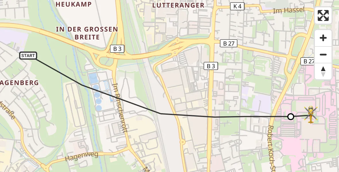Flugroute Rettungshubschrauber Göttingen - Göttingen University Clinic Hubschrauberlandeplatz, 23 Oktober 2026, 15:14