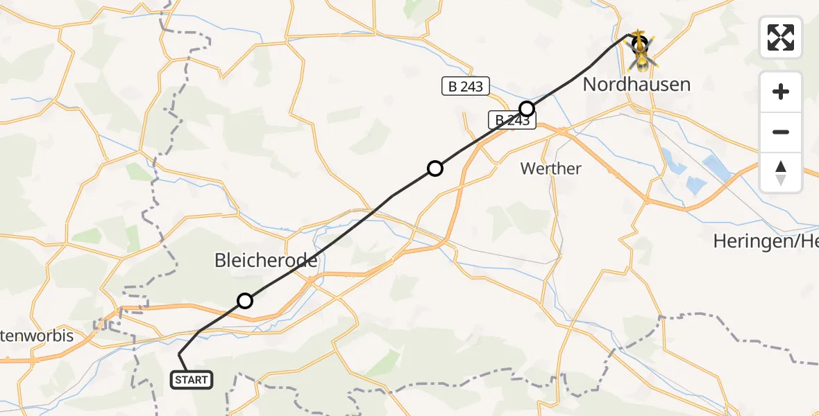 Flugroute Rettungshubschrauber Sollstedt - Südharz Hospital Nordhausen, 23 Oktober 2026, 15:18