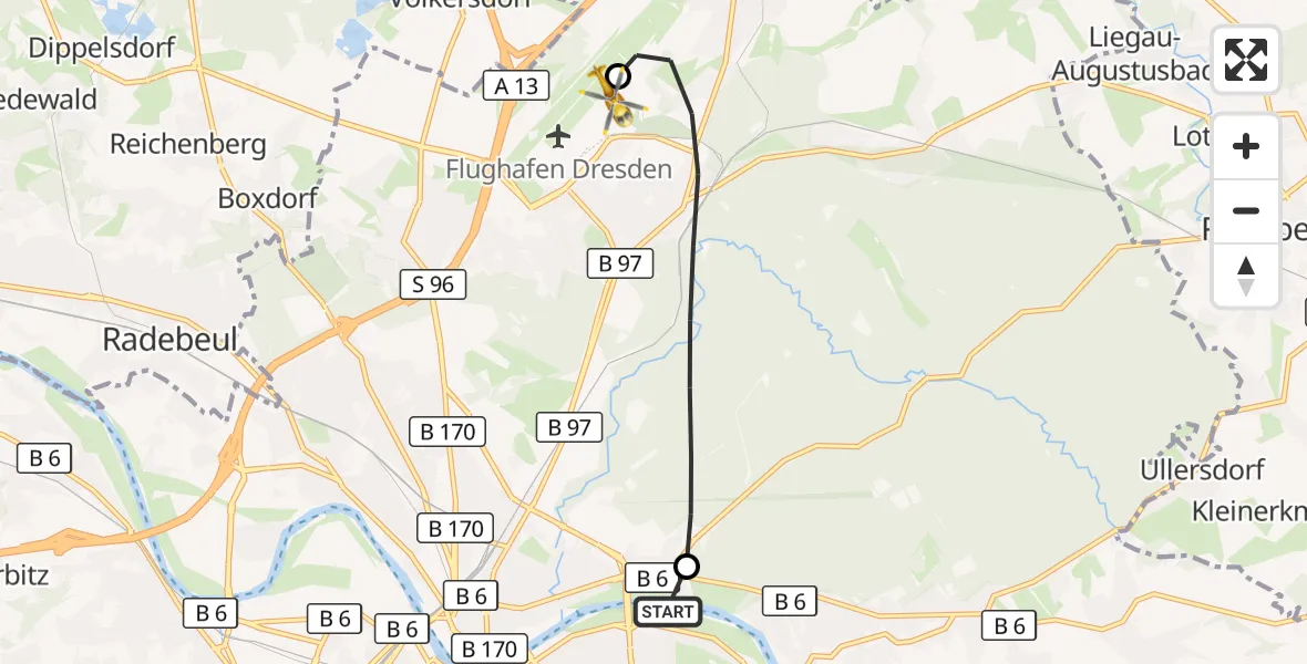 Flugroute Rettungshubschrauber Dresden Elbwiesen Hubschrauberlandeplatz - Dresden Bundespolizei Hubschrauberlandeplatz, 23 Oktober 2026, 15:19