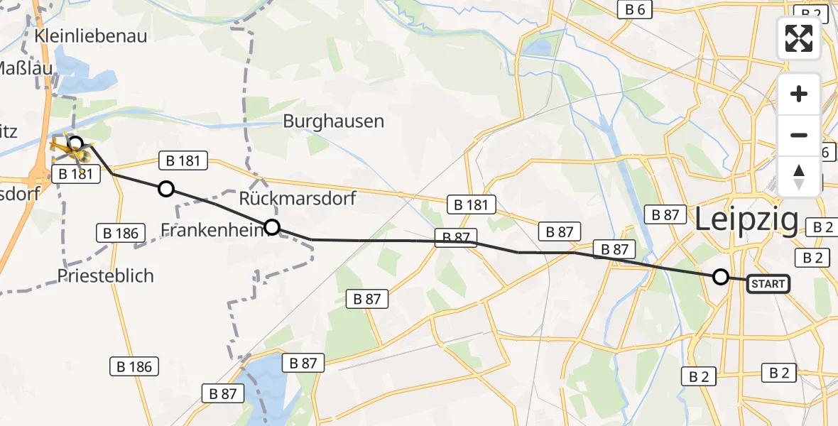 Flugroute Rettungshubschrauber Leipzig University Hospital Heliport 1 - ADAC Air Rescue Station Leipzig/Schkeuditz-Dölzig Hubschrauberlandeplatz (Christoph 61), 23 Oktober 2026, 15:40