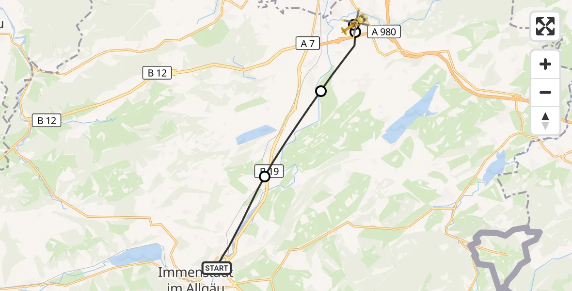 Flugroute Rettungshubschrauber Immenstadt i.Allgäu - Kempten-Durach Flugplatz, 23 Oktober 2026, 15:40