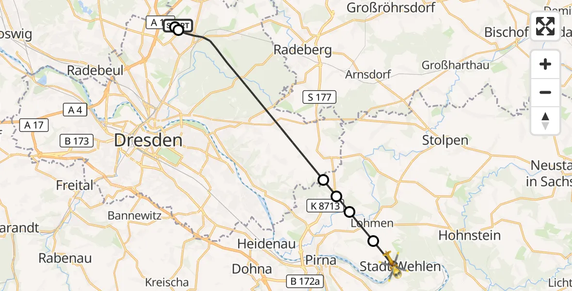 Flugroute Rettungshubschrauber Dresden Bundespolizei Hubschrauberlandeplatz - Stadt Wehlen, 23 Oktober 2026, 15:54