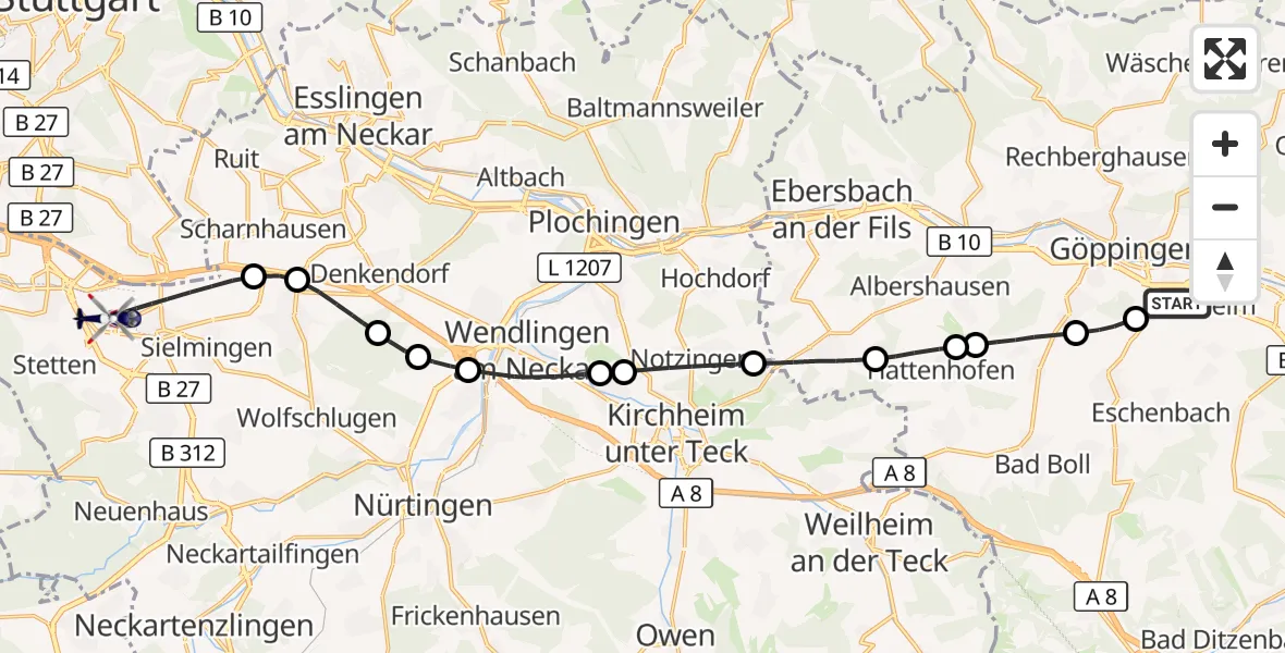 Flugroute Polizeihubschrauber Göppingen - Flughafen Stuttgart, 23 Oktober 2026, 16:08