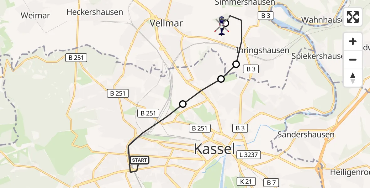 Flugroute Polizeihubschrauber Kassel - Fuldatal Bundespolizei Hubschrauberlandeplatz, 23 Oktober 2026, 16:14