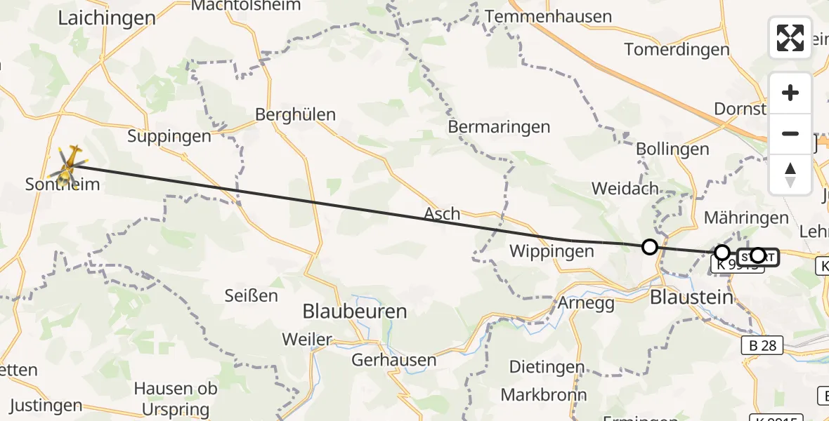 Flugroute Rettungshubschrauber Ulm Military Hospital Emergency - Heroldstatt, 23 Oktober 2026, 16:30
