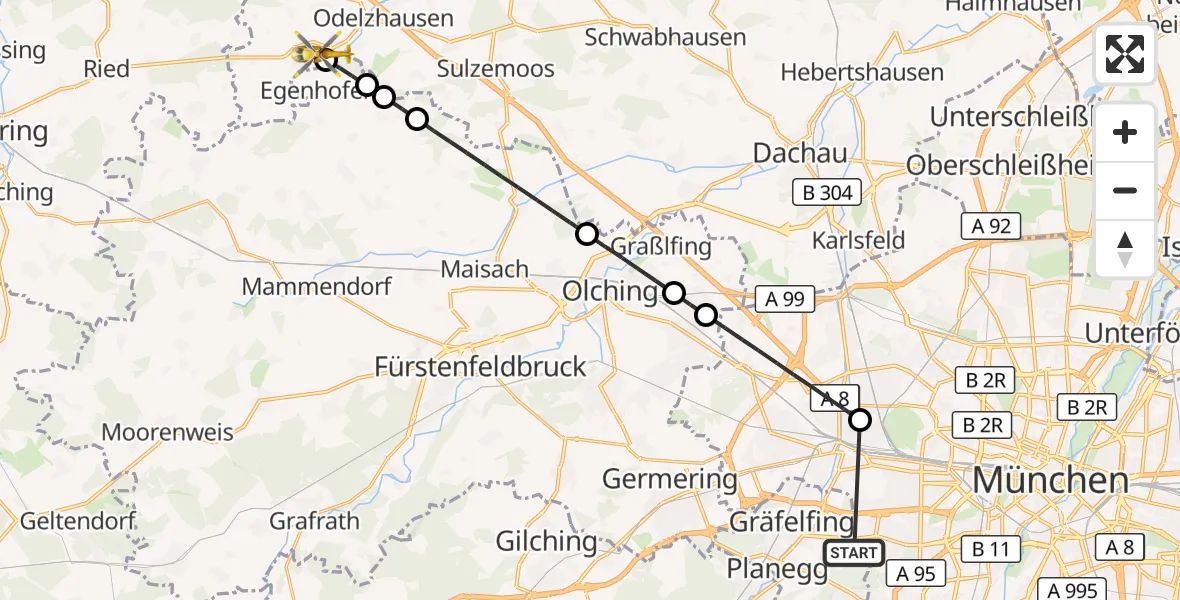 Flugroute Rettungshubschrauber DRF Air Rescue München Hubschrauberlandeplatz - Pfaffenhofen a.d.Glonn, 23 Oktober 2026, 16:33
