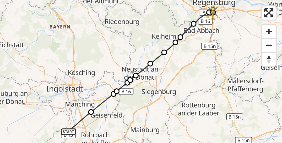 Flugroute Rettungshubschrauber Reichertshofen - DRF Air Rescue Station Regensburg / Regensburg University Hospital, 23 Oktober 2026, 16:41