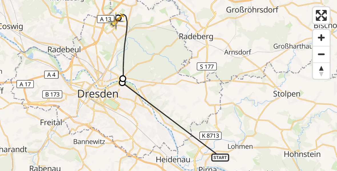 Flugroute Rettungshubschrauber Pirna - Dresden Bundespolizei Hubschrauberlandeplatz, 23 Oktober 2026, 17:01