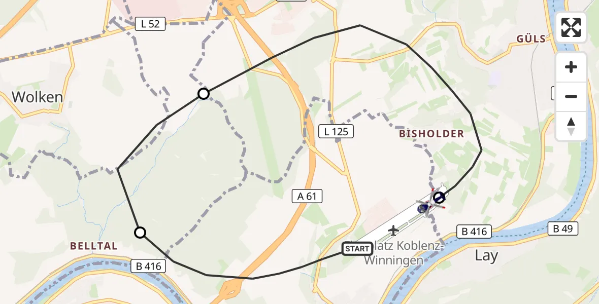 Flugroute Polizeihubschrauber Winningen - Koblenz-Winningen Flugplatz, 23 Oktober 2026, 17:18