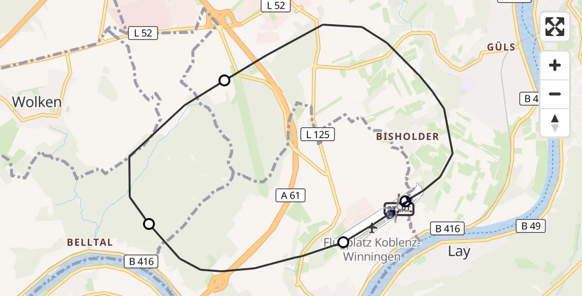 Flugroute Polizeihubschrauber Koblenz-Winningen Flugplatz - Koblenz-Winningen Flugplatz, 23 Oktober 2026, 17:26