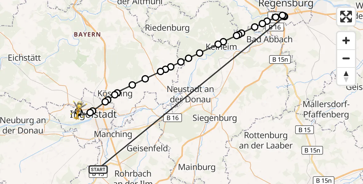 Flugroute Rettungshubschrauber Reichertshofen - Ingolstadt Hospital, 23 Oktober 2026, 17:28