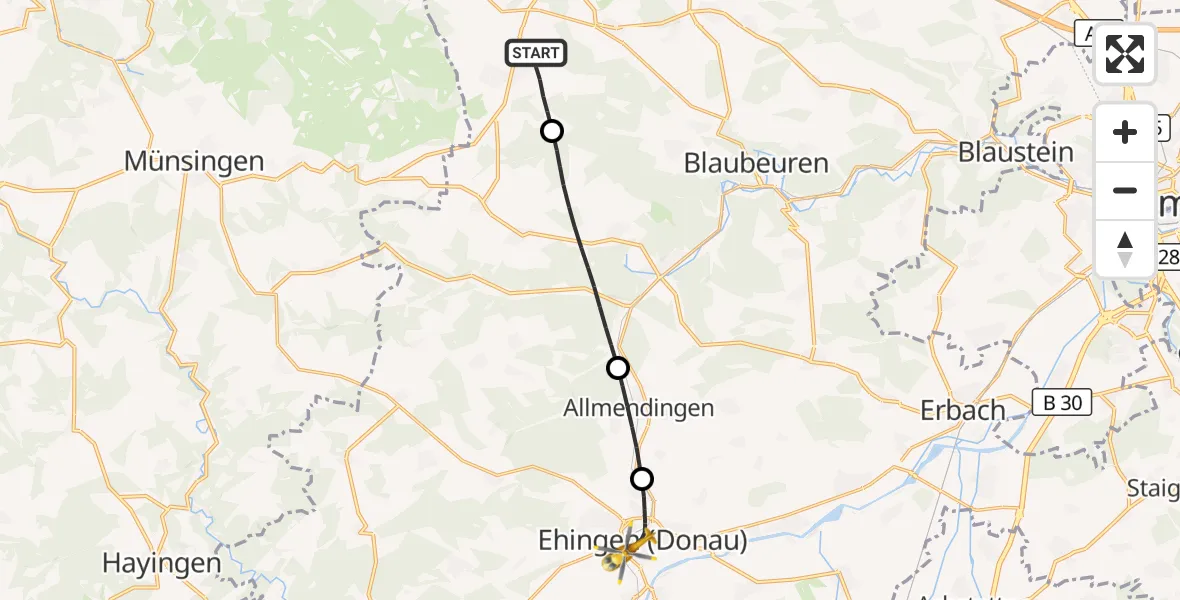 Flugroute Rettungshubschrauber Heroldstatt - Ehingen (Donau), 23 Oktober 2026, 17:27