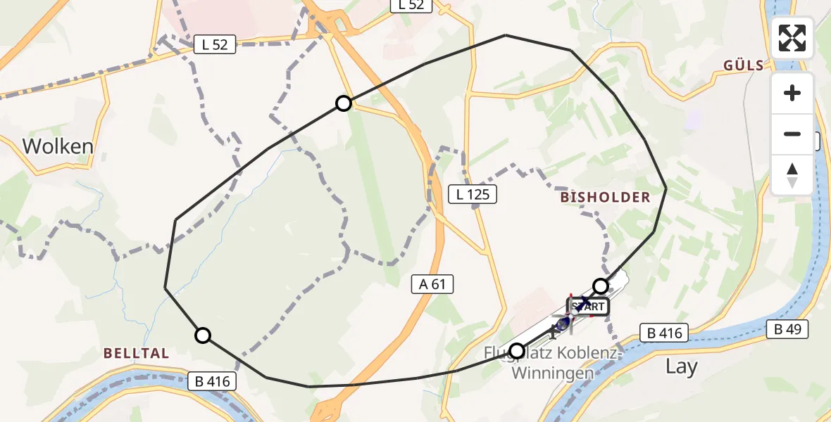 Flugroute Polizeihubschrauber Koblenz-Winningen Flugplatz - Koblenz-Winningen Flugplatz, 23 Oktober 2026, 17:34