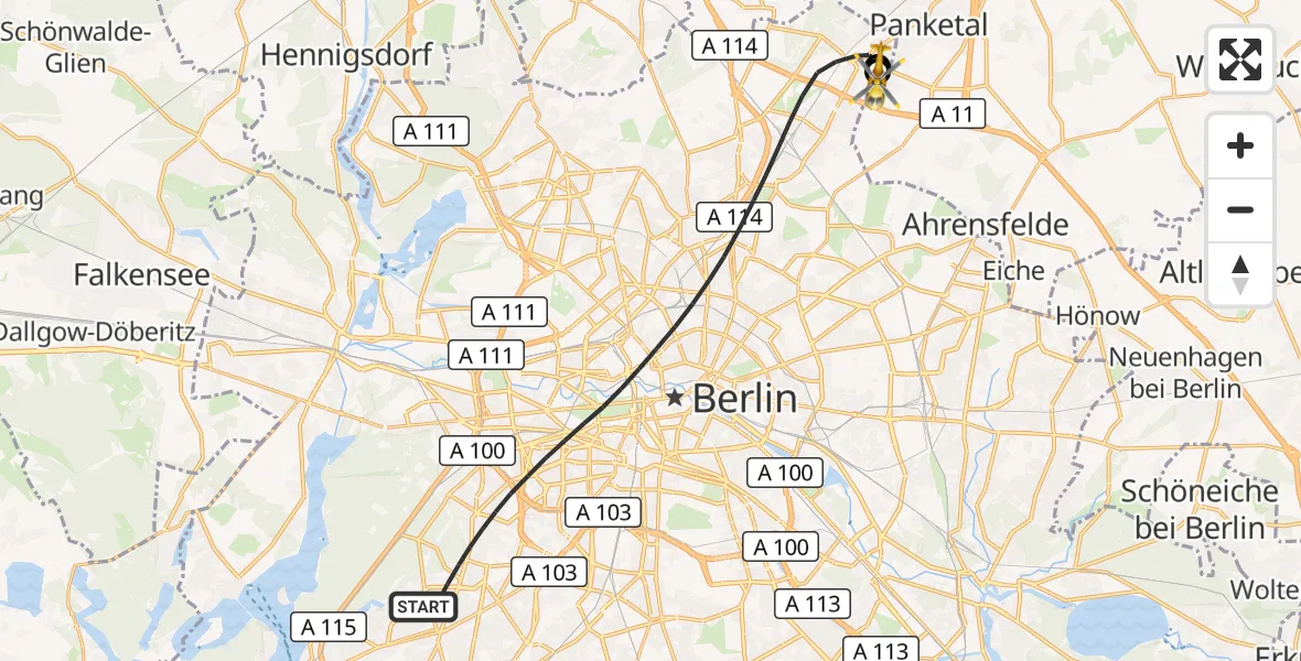 Flugroute Rettungshubschrauber Berlin - Helios Clinic Berlin-Buch, 23 Oktober 2026, 17:36