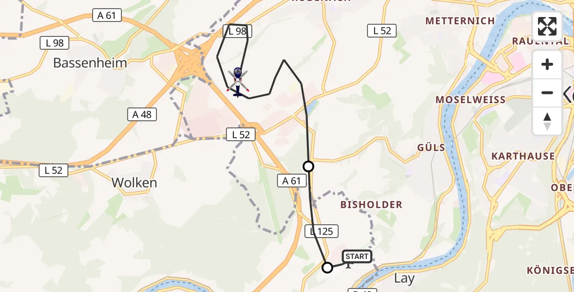 Flugroute Polizeihubschrauber Koblenz-Winningen Flugplatz - Koblenz, 23 Oktober 2026, 17:42