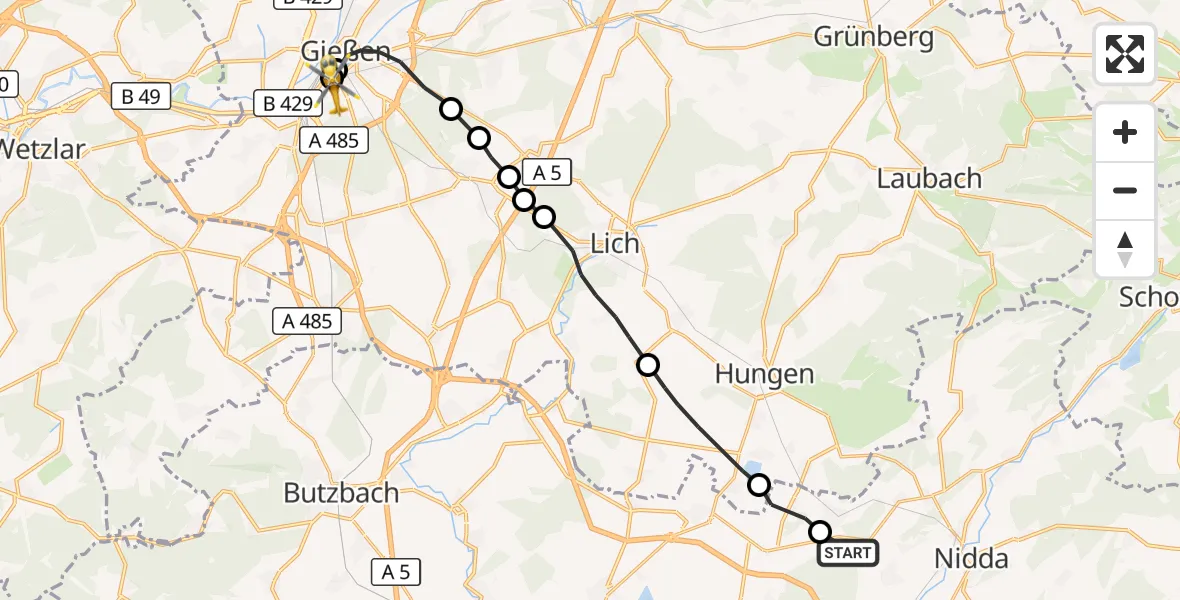 Flugroute Ambulanzhubschrauber Echzell - Gießen University Hospital, 23 Oktober 2026, 17:51