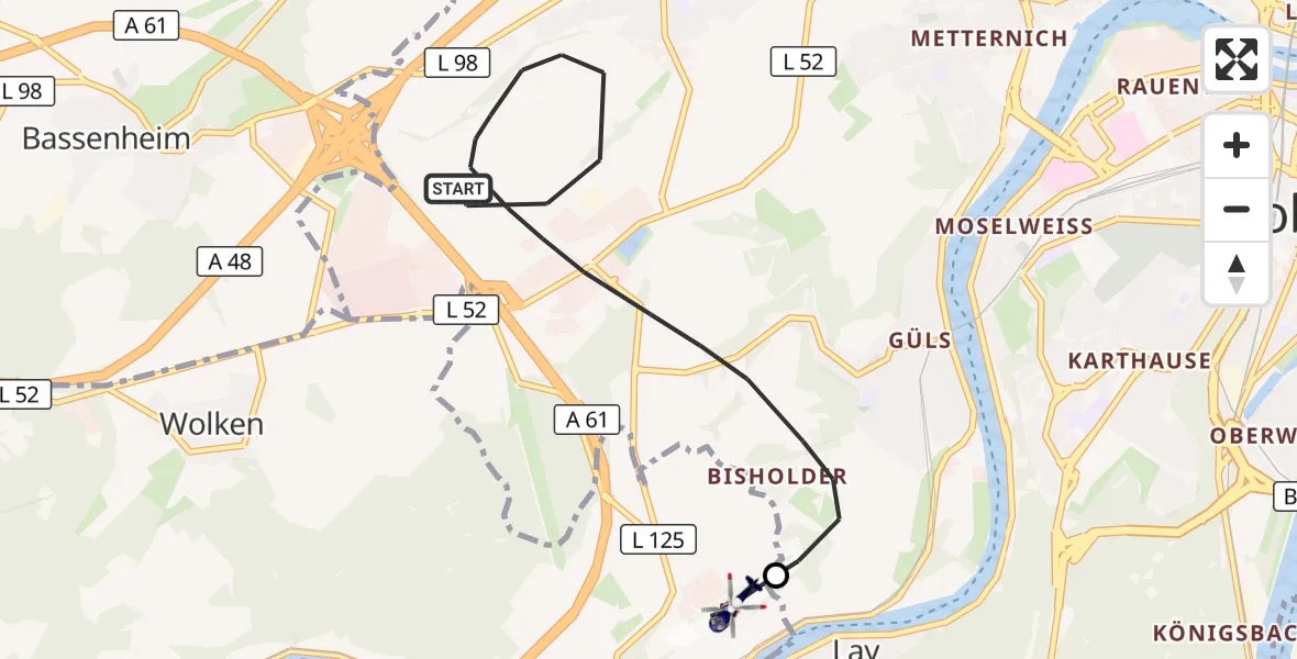 Flugroute Polizeihubschrauber Koblenz - Koblenz-Winningen Flugplatz, 23 Oktober 2026, 17:51