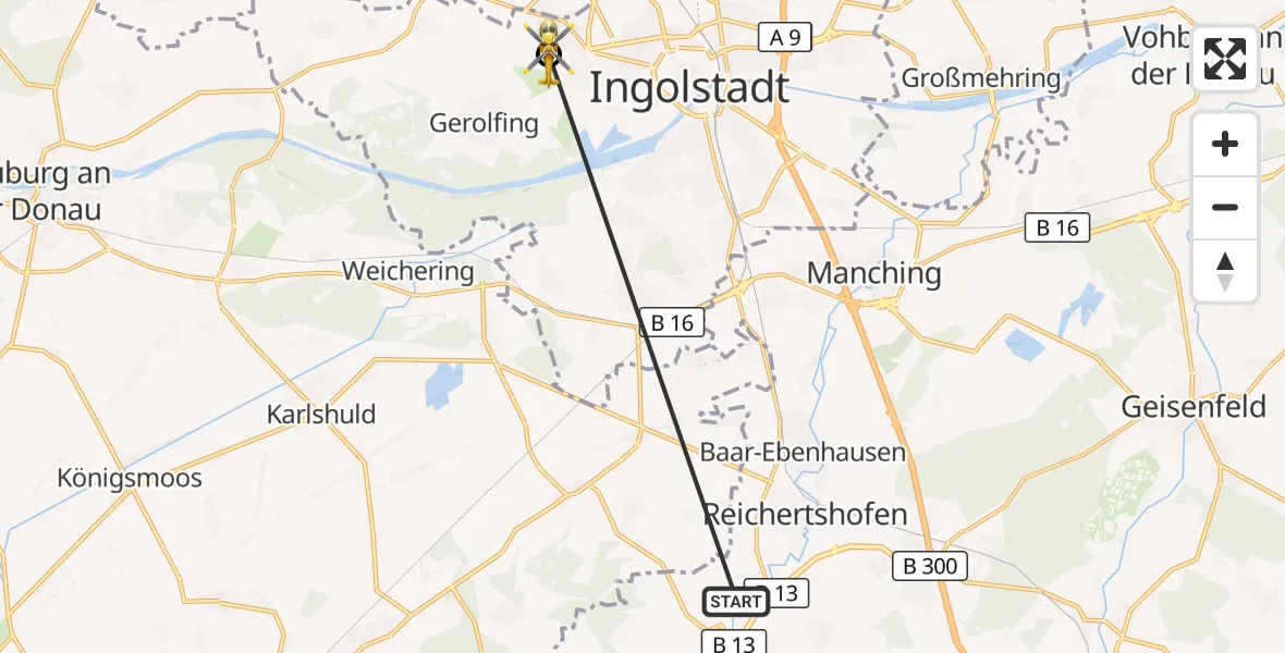 Flugroute Rettungshubschrauber Reichertshofen - Ingolstadt Hospital, 23 Oktober 2026, 17:53