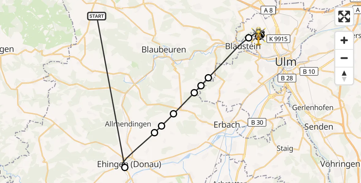 Flugroute Rettungshubschrauber Heroldstatt - ADAC Air Rescue Station Ulm (Christoph 22), 23 Oktober 2026, 18:01