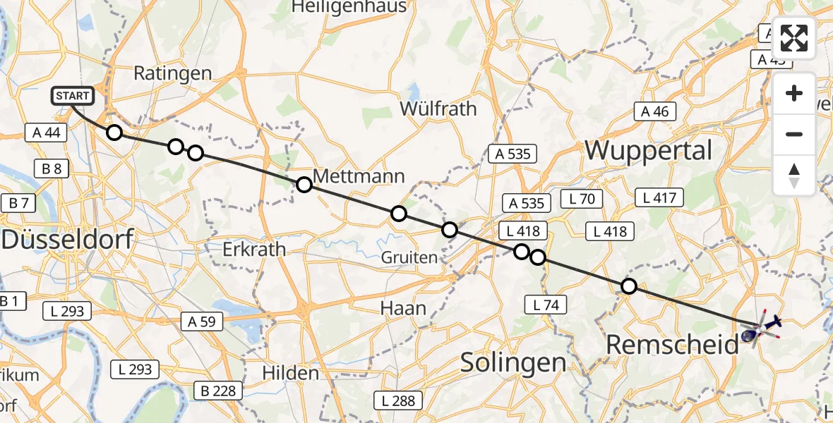 Flugroute Polizeihubschrauber Düsseldorf Flughafen - Remscheid, 23 Oktober 2026, 18:16