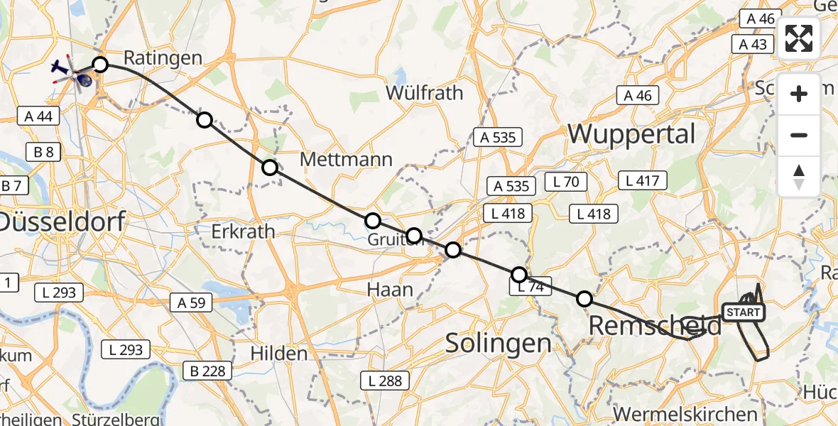 Flugroute Polizeihubschrauber Remscheid - Düsseldorf Flughafen, 23 Oktober 2026, 18:31