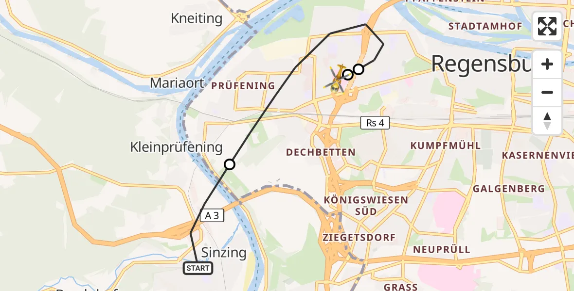 Flugroute Rettungshubschrauber Sinzing - Barmherzige Brüder (Brothers of Mercy) Hospital Regensburg, 23 Oktober 2026, 18:52