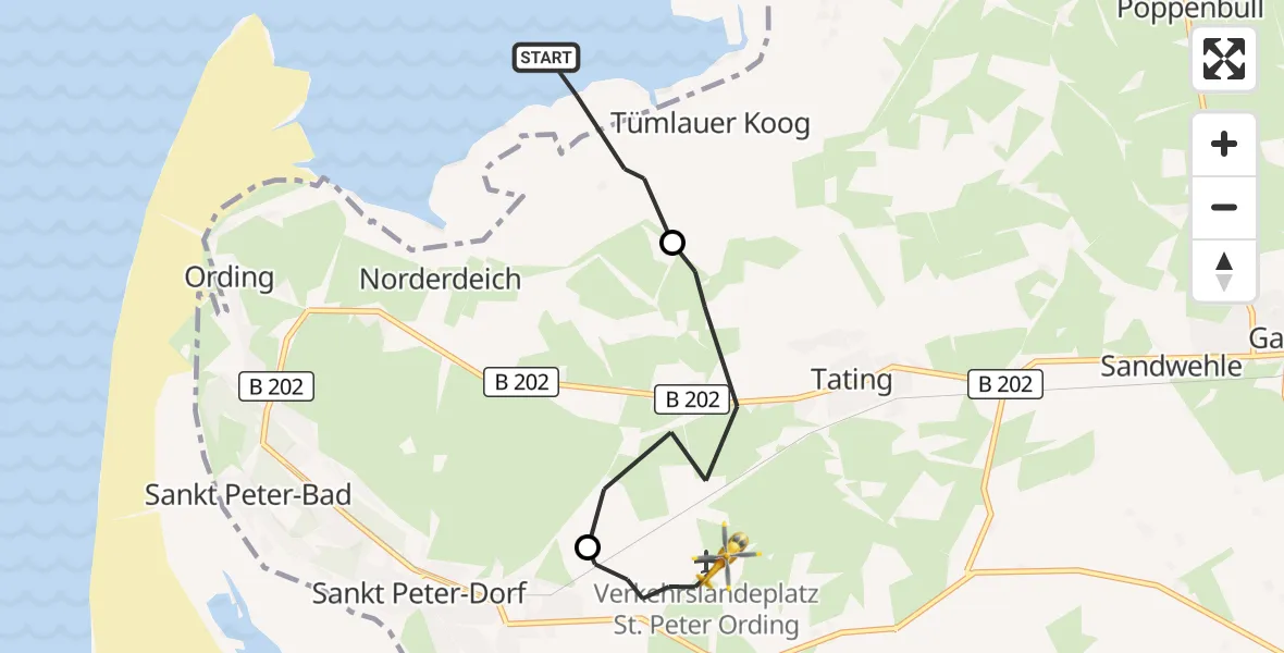 Flugroute Ambulanzhubschrauber Tümlauer Koog - Sankt Peter-Ording Flughafen, 23 Oktober 2026, 19:58