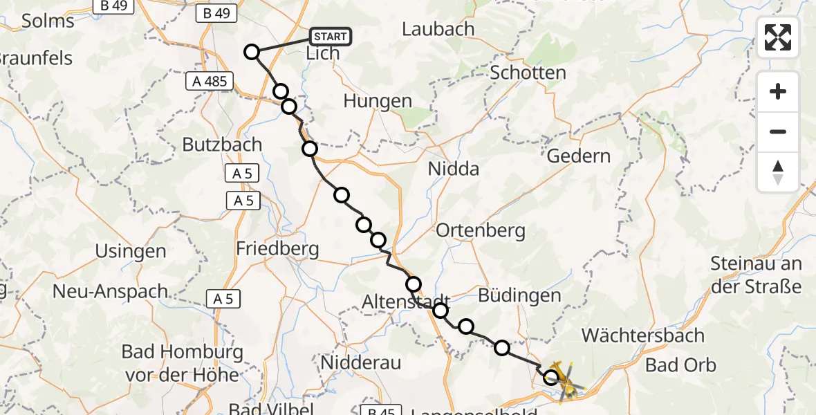 Flugroute Ambulanzhubschrauber Lich - Gelnhausen, 23 Oktober 2026, 20:30