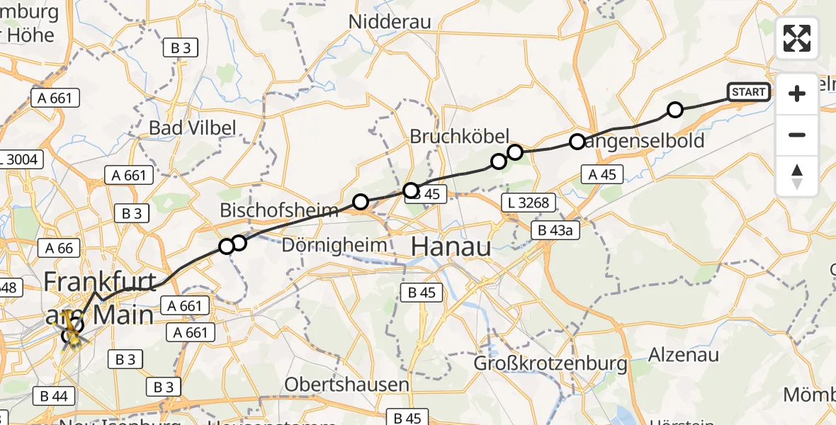 Flugroute Ambulanzhubschrauber Gründau - Frankfurt University Hospital, 23 Oktober 2026, 21:08