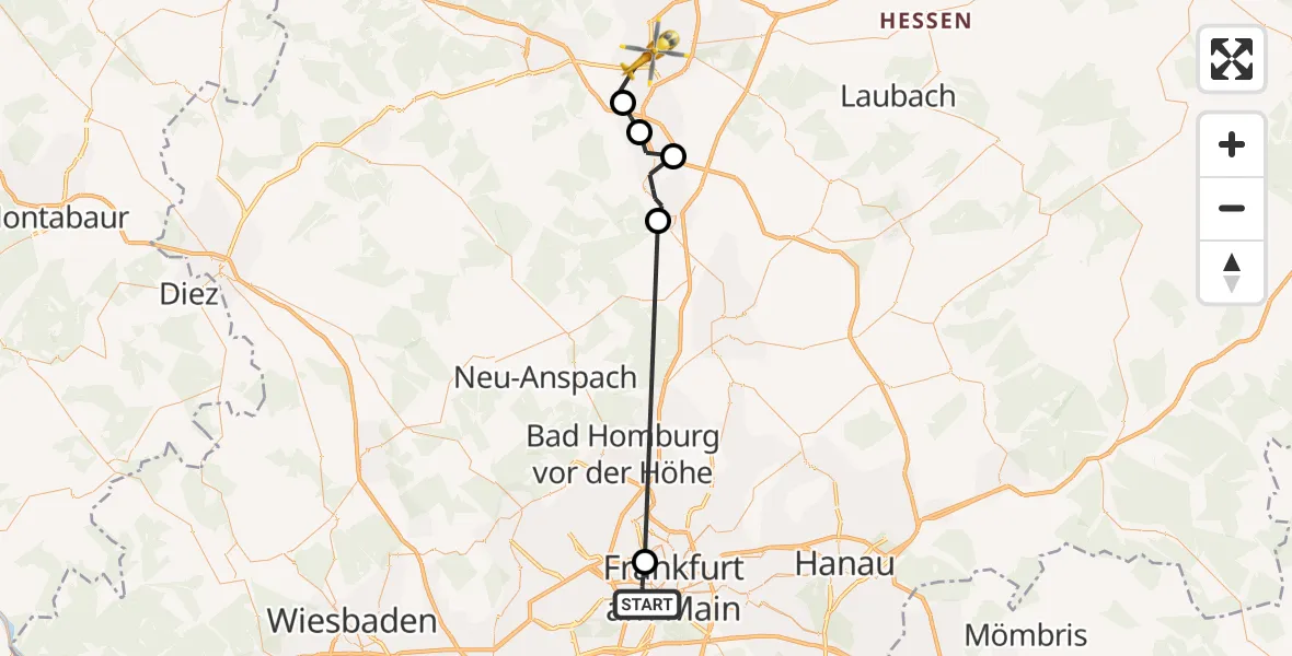 Flugroute Ambulanzhubschrauber Frankfurt am Main - Gießen, 23 Oktober 2026, 21:58